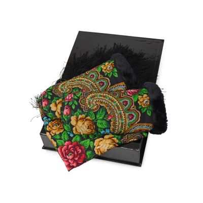 Набор: Павлопосадский платок, рукавицы, черный/разноцветный-1