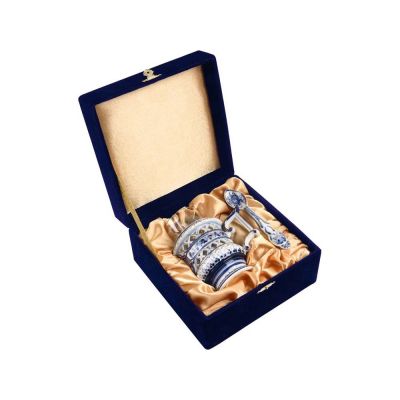 Набор: стакан с подстаканником и ложкой, белый/синий-0