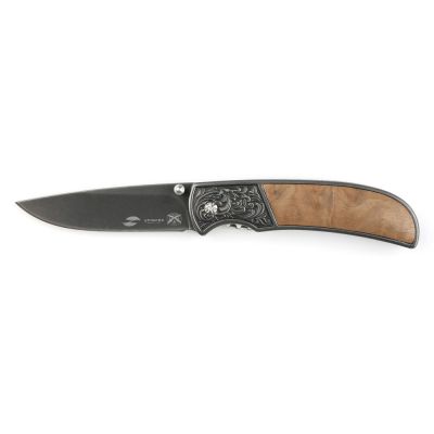 Нож складной Stinger, 71 мм, (чёрный), материал рукояти: сталь/дерево (коричневый)-0