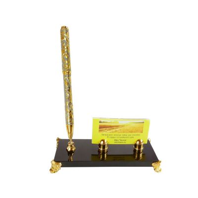 Подставка под визитки с шариковой ручкой, золотистый/черный-1