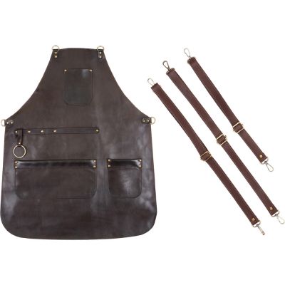 Фартук из натуральной кожи, материал: натуральная кожа КРС, цвет фартука: темно-коричневый, цвет ремней: коричневый тёмный, фурнитура из металлического сплава ЦАМ, цвет фурнитуры: антик, размер универсальный-5